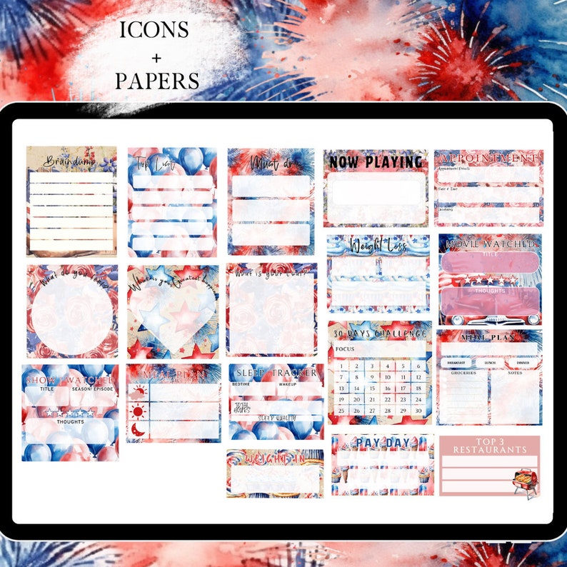 JULY GOODNOTES STICKER digital sticker, GoodNote stickers monthly, independence day, functional stickers, 4th of july sticker, icon sitkcer