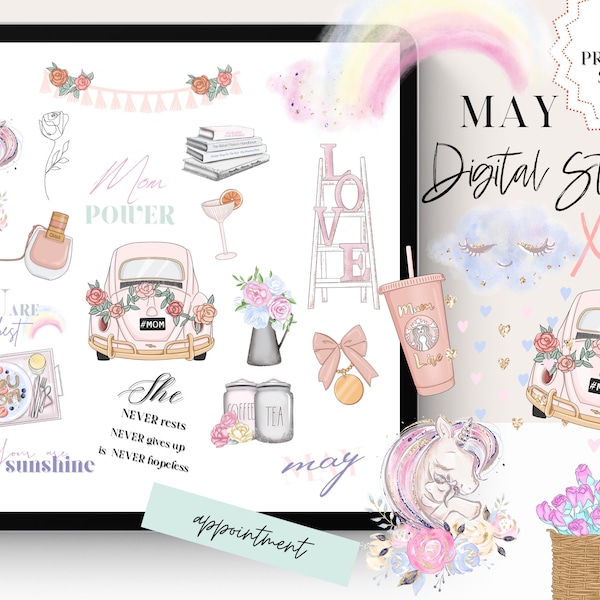 MAY DIGITAL PLANNER Stickers, mother's day GoodNotes Sticker, spring Digital Sticker, digital sticker pack, goodnotes sticker, may planner