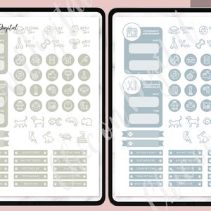 May include: Two digital planner pages with a light blue and beige color scheme. The pages are designed for pet owners to track appointments, feeding times, play time, bath time, and other activities. The pages include icons for various pet care tasks, such as giving medicine, buying pet food, and cleaning the litter box.