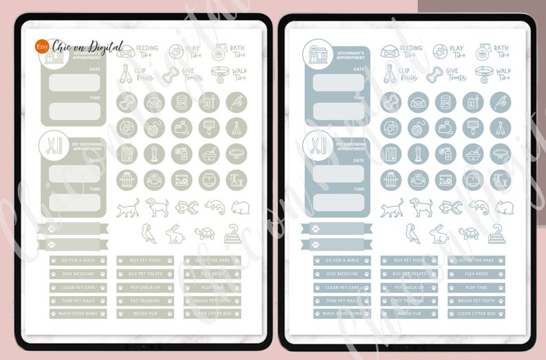 May include: Two digital planner pages with a light blue and beige color scheme. The pages are designed for pet owners to track appointments, feeding times, play time, bath time, and other activities. The pages include icons for various pet care tasks, such as giving medicine, buying pet food, and cleaning the litter box.