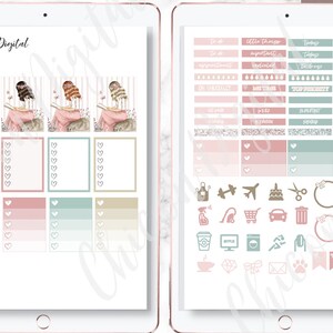 May include: A digital planner sticker set with a pink, green and brown colour scheme. The set includes a variety of stickers, including to-do lists, habit trackers and icons. The stickers feature a whimsical illustration of a girl reading a book.