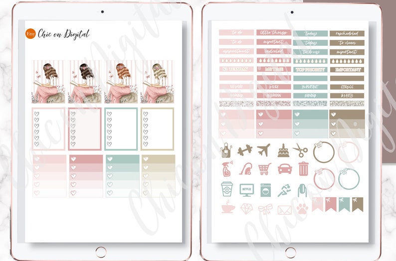 May include: A digital planner sticker set with a pink, green and brown colour scheme. The set includes a variety of stickers, including to-do lists, habit trackers and icons. The stickers feature a whimsical illustration of a girl reading a book.