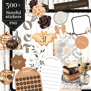 Puede incluir: Un conjunto de pegatinas digitales con temática de Halloween que incluye calabazas, rosas negras, un murciélago con el número 31, un rastreador de hábitos, una lista de tareas, libros apilados y arreglos florales con el texto 300+ Noteful stickers PNG.