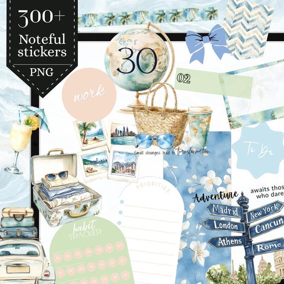 Summer Travel Noteful digital Sticker, Vacation Digital sticker pack, July August holiday digital journal bundle, icon widget PNG clipart