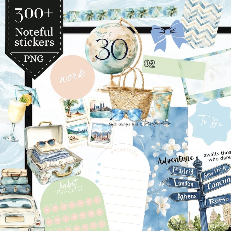 May include: A collection of travel-themed digital stickers and graphics. Includes a globe, sunglasses, a suitcase, a car, and various travel-related elements. The text "300+ Noteful stickers PNG" is visible.