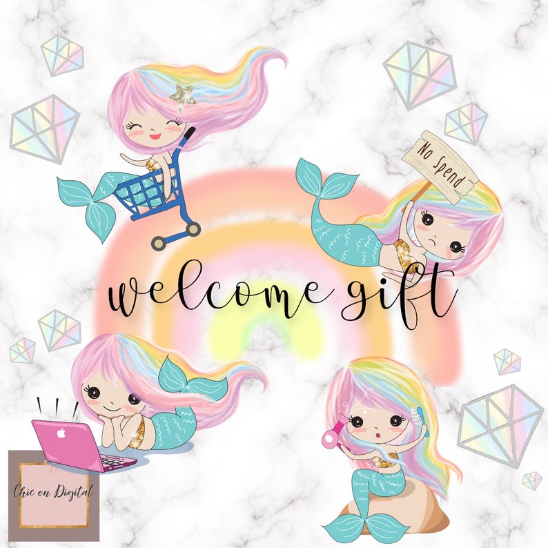 May include: Four colorful mermaid illustrations with rainbow hair and tails. The mermaids are engaged in various activities, including shopping, saving money, using a laptop, and styling their hair. The text "welcome gift" is written in the center of the image.
