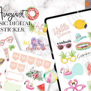 Op de afbeelding: Een set digitale stickers met een zomerthema met illustraties van watermeloen, zonnebrillen, slippers, ananas en een strandbal. De stickers bevatten ook tekst zoals "Hello Summer", "Sunbath", "Beachside Party" en "August".