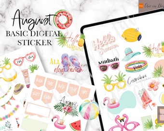 AUGUST BASIC Digital Stickers, summer goodnotes stickers, beach Goodnotes Stickers, flamingo digital sticker, dates goodnotes stickers,