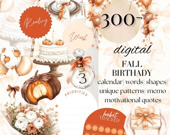 Fall Birthday Digital Stickers: Autumn Scrapbook PNG Bundle (PDF & GoodNotes)