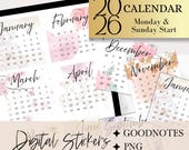 2026 DIGITAL CALENDAR Stickers, 2026 Goodnotes Calendar, Floral digital calendar, digital calendar widget, Sunday Monday start sticker
