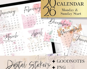 Pegatinas de calendario digital 2026, calendario Goodnotes 2026, calendario digital floral, widget de calendario digital, pegatina de inicio de domingo a lunes