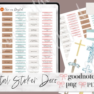 Op de afbeelding: Digitale stickers voor Goodnotes met verschillende religieuze thema's. De stickers bevatten kruisen, bloemen en tekst zoals "De Heer is mijn redding" en "Geloof".