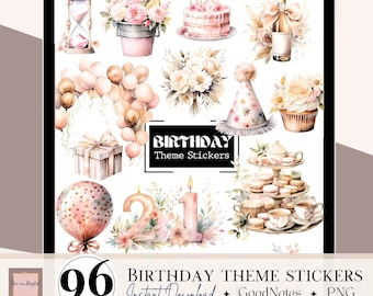 May include: A set of 96 digital birthday theme stickers featuring watercolor illustrations of balloons, cakes, gifts, and other celebratory elements. The stickers are designed for use in digital planners and note-taking apps. The text "Birthday Theme Stickers" and "Instant Download" is included in the image.