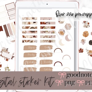 Puede incluir: Kit de pegatinas digitales con más de 220 pegatinas precortadas con temática otoñal. Las pegatinas presentan diseños florales, hojas, lunas y formas geométricas en tonos marrones, beige y rosa. También se incluye el texto "goodnotes", "png" y "PDF".