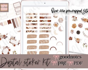 Può includere: Kit di adesivi digitali con oltre 220 adesivi pretagliati a tema autunnale. Gli adesivi presentano disegni floreali, foglie, lune e forme geometriche in tonalità di marrone, beige e rosa. È incluso anche il testo "goodnotes", "png" e "PDF".