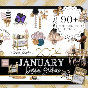 Adesivo per pianificatore DIGITALE di CAPODANNO 2025, gennaio, GoodNotes, pianificazione delle celebrazioni, simpatico pacchetto di adesivi, icona di diario di OneNote, clipart di noteshelf