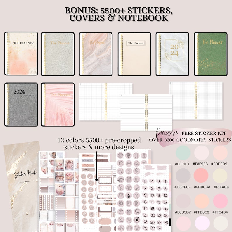 K&ouml;nnte beinhalten: Ein Set aus 12 bunten Planer-H&uuml;llen mit goldenen Akzenten und einem Stickerbuch mit &uuml;ber 5.500 vorgefertigten Stickern. Das Stickerbuch enth&auml;lt eine Vielzahl von Designs, darunter Kreise, Quadrate und Rechtecke. Der Text "Exclusive Free Sticker Kit Over 3200 Goodnotes Stickers" ist ebenfalls im Bild enthalten.