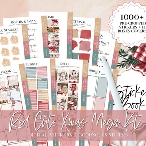 Op de afbeelding: Een digitale stickerset met meer dan 1000 voorgeknipte stickers en 11 bonuscovers. De stickers hebben een rood-wit geruit patroon, een kerstthema en de tekst "Red Cute Xmas Mega Kit".
