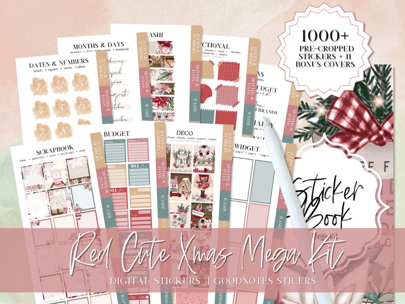Op de afbeelding: Een digitale stickerset met meer dan 1000 voorgeknipte stickers en 11 bonuscovers. De stickers hebben een rood-wit geruit patroon, een kerstthema en de tekst "Red Cute Xmas Mega Kit".