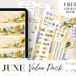 Op de afbeelding: Een digitale planner stickerpakket voor juni met een zonnebloem- en vlinderthema. Het pakket bevat een verscheidenheid aan stickers voor dagen van de week, maanden, vormen en functionele elementen. De stickers zijn in een aquarelstijl met een lichtgele en paarse kleurstelling.