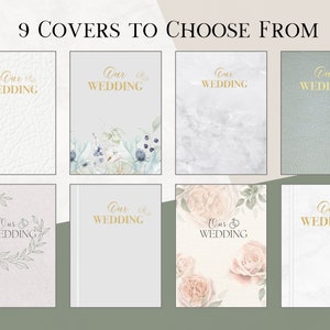 May include: Nine different cover designs for a wedding guest book. The covers feature various designs, including a white leather texture, a watercolor floral design, a marble texture, a green leather texture, a simple line drawing of a wreath, a solid gold background, a watercolor floral design with pink roses, and a white leather texture with a gold design.
