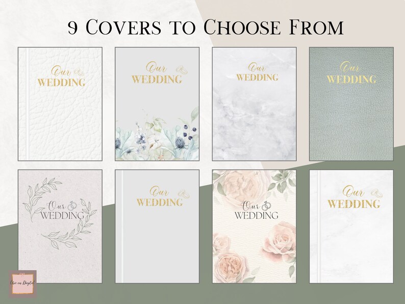 May include: Nine different cover designs for a wedding guest book. The covers feature various designs, including a white leather texture, a watercolor floral design, a marble texture, a green leather texture, a simple line drawing of a wreath, a solid gold background, a watercolor floral design with pink roses, and a white leather texture with a gold design.