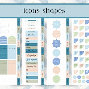 May include: A digital planner sticker sheet with a light blue and pastel color scheme. The sheet includes various shapes, icons, and text labels such as "Vacation," "Coffee Break," and "Shopping Time." The text "icons shapes" is at the top.
