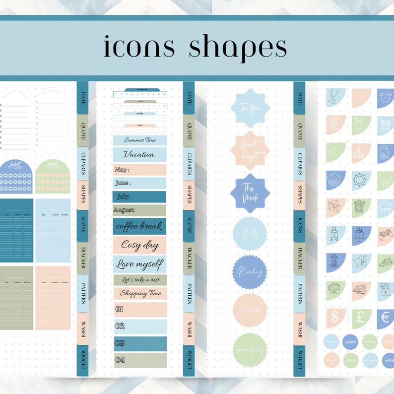 May include: A digital planner sticker sheet with a light blue and pastel color scheme. The sheet includes various shapes, icons, and text labels such as "Vacation," "Coffee Break," and "Shopping Time." The text "icons shapes" is at the top.