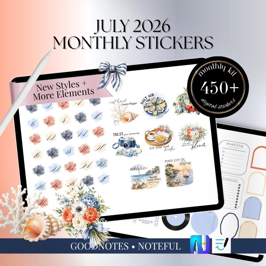 JULY 2026 Goodnotes Noteful Digital STICKERS, Azure Summer Digital ...