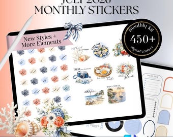 JULY 2026 GoodNotes Noteful Digital STICKERS, Azure summer digital sticker Bundle, beach trip stickers for scrapbook journaling 26MTJULY