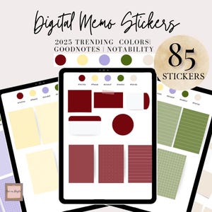 May include: A digital planner screen displaying 85 memo stickers in five trending colors: burgundy, cream, lavender, forest green, and beige. The stickers are designed for Goodnotes and Notability apps.