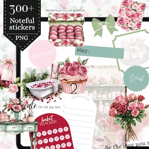 Pacchetto di adesivi Rose Summer Noteful, pacchetto di adesivi digitali Rose estive, adesivi per album PNG, washi per il diario, citazione motivazionale