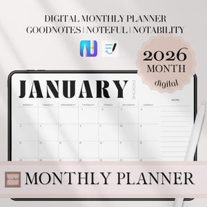 May include: A digital monthly planner for 2026 on a tablet, showing January. The planner has a grid layout with days of the week. Text includes "DIGITAL MONTHLY PLANNER" and "MONTHLY PLANNER". A stylus is positioned on the right side of the tablet.