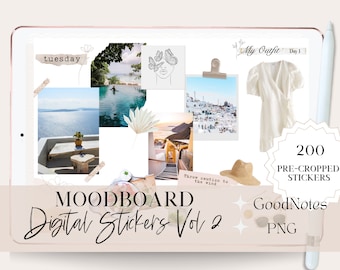 May include: A digital sticker pack for GoodNotes featuring 200 pre-cropped stickers. The stickers are in a light pink and white color scheme and feature images of a white dress, a hat, a butterfly, and a cityscape. The text "MOODBOARD Digital Stickers Vol 2" is also included in the image.