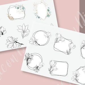 May include: A set of digital clipart featuring hand-drawn illustrations of magnolia flowers and leaves. The illustrations are in black and white and are perfect for creating invitations, cards, and other paper crafts.