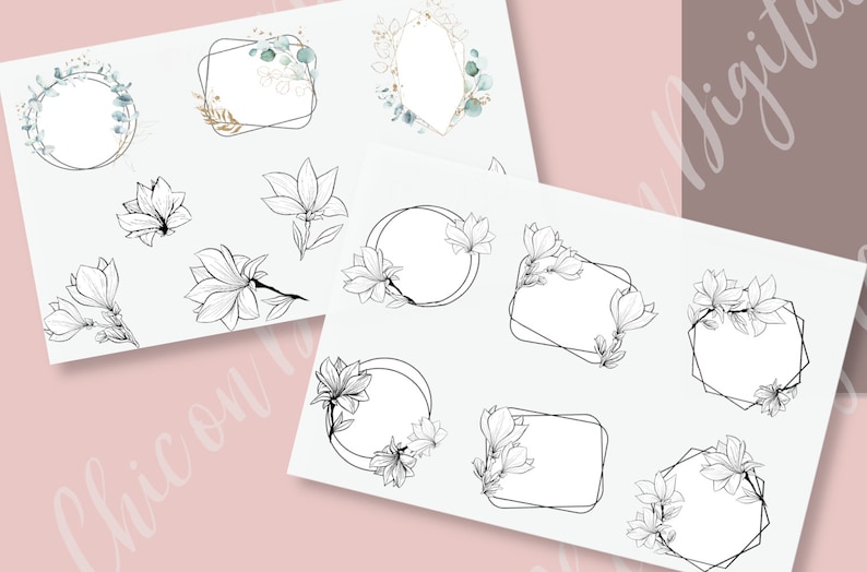May include: A set of digital clipart featuring hand-drawn illustrations of magnolia flowers and leaves. The illustrations are in black and white and are perfect for creating invitations, cards, and other paper crafts.