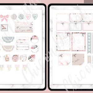 May include: A digital planner page with pink and green floral themed stickers. The stickers include bows, clouds, frames, banners, and notes. The text on the banner reads "Get it done, today is the day".