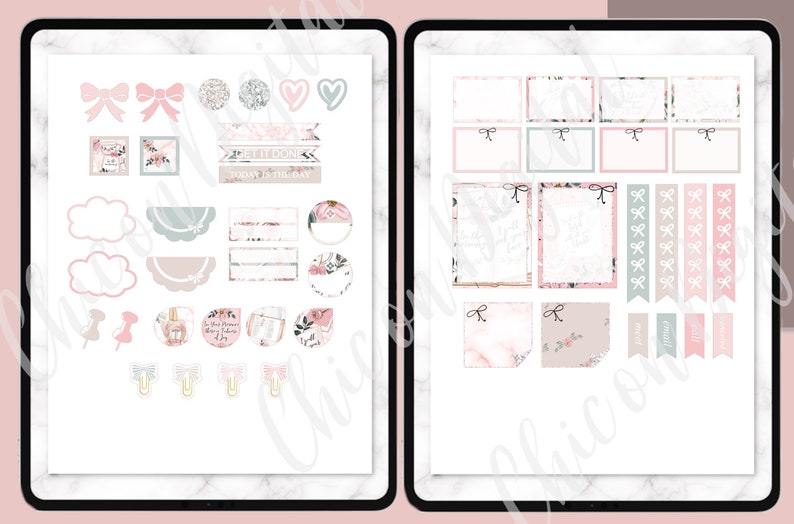 May include: A digital planner page with pink and green floral themed stickers. The stickers include bows, clouds, frames, banners, and notes. The text on the banner reads "Get it done, today is the day".