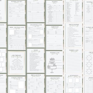 May include: A printable wedding planning checklist with sections for wedding details, ceremony, reception, food and beverage, transportation, lodging, bridal shower, groomsmen looks, honeymoon, and more. The checklist is decorated with a green floral pattern.