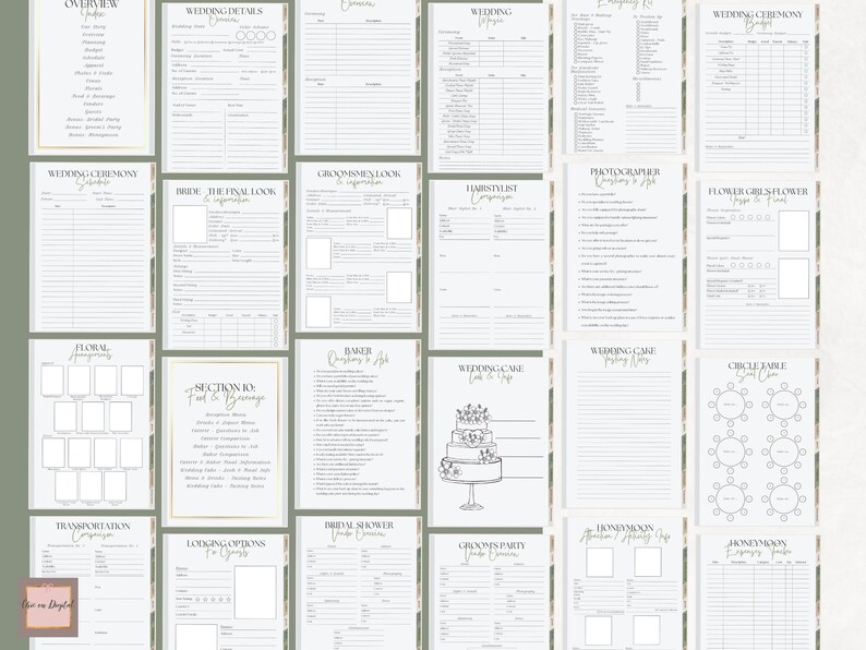 May include: A printable wedding planning checklist with sections for wedding details, ceremony, reception, food and beverage, transportation, lodging, bridal shower, groomsmen looks, honeymoon, and more. The checklist is decorated with a green floral pattern.