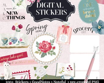 Spring Digital Sticker for Goodnotes,  Noteful and Journal: Rose spring with motivation quotes, realistic stickers PNG, widget insert