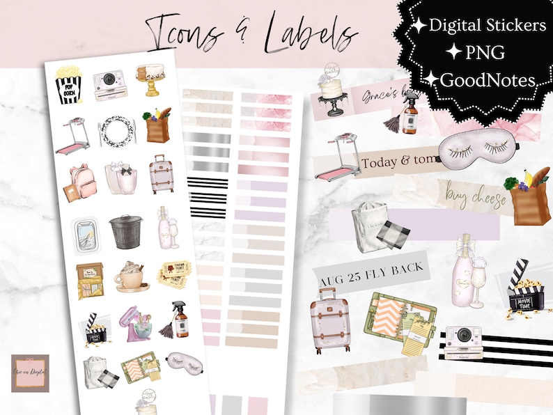 Peut inclure: Autocollants et &eacute;tiquettes num&eacute;riques avec des illustrations vari&eacute;es, dont un g&acirc;teau, du pop-corn, une valise et un masque de sommeil. Le texte comprend "Icons & Labels", "Digital Stickers", "PNG", "GoodNotes", "Today & tom", et "AUG 25 FLY BACK".