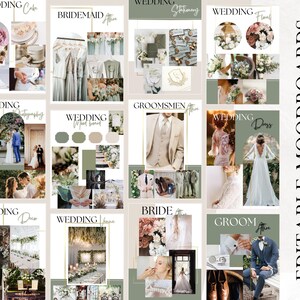 May include: A digital mood board with 12 different sections for wedding planning. Each section has a title, such as "Wedding Cake", "Bridesmaid Attire", "Wedding Photography", "Wedding Dress", "Groom Attire", and "Wedding Venue". Each section contains images related to the title. The mood board is designed to help couples plan their wedding.