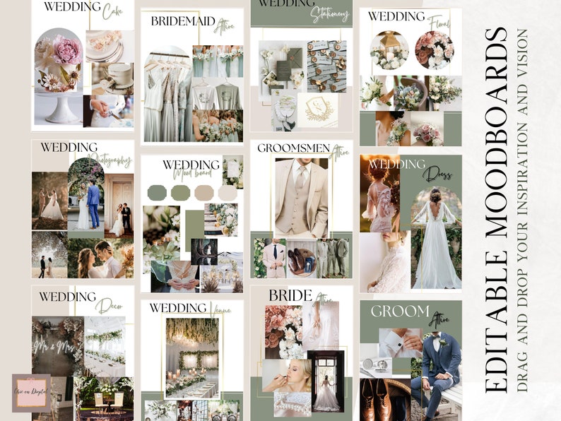 May include: A digital mood board with 12 different sections for wedding planning. Each section has a title, such as "Wedding Cake", "Bridesmaid Attire", "Wedding Photography", "Wedding Dress", "Groom Attire", and "Wedding Venue". Each section contains images related to the title. The mood board is designed to help couples plan their wedding.