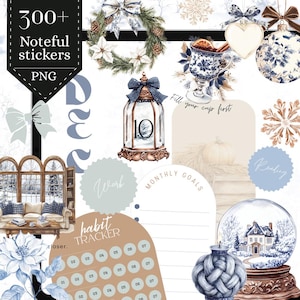 May include: A digital collage of winter-themed stickers. The design includes a wreath, ornaments, a snow globe, and a lantern with the number 10. The color scheme is predominantly blue, white, and brown. Text includes "300+ Noteful stickers PNG", "Fill your cup first", "habit tracker", and "monthly goals".