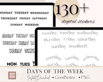 Digital Days of the week Sticker Goodnotes functional Sticker, Black Functional Text Minimalist Essential digital planning journal noteshelf