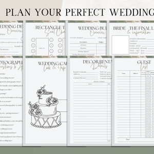 May include: A printable wedding planning checklist with sections for budget, seating chart, guest list, photography, decor rentals, and bride details. The checklist is designed with a green and white color scheme and features a floral motif.