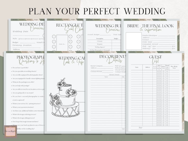 May include: A printable wedding planning checklist with sections for budget, seating chart, guest list, photography, decor rentals, and bride details. The checklist is designed with a green and white color scheme and features a floral motif.