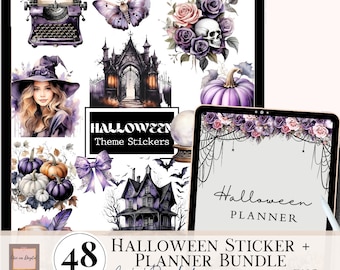 May include: A digital planner sticker bundle with 48 Halloween themed stickers. The stickers feature a witch, a haunted house, a skull, a pumpkin, and a typewriter. The text "Halloween Theme Stickers" and "Halloween Planner" are also included.
