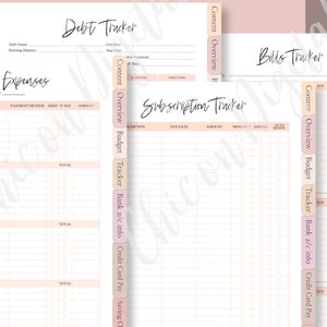 May include: A printable budget tracker with sections for weekly expenses, bills, subscriptions, and debt. The tracker includes tabs for content, overview, budget, bank account information, credit card payments, and savings challenges.